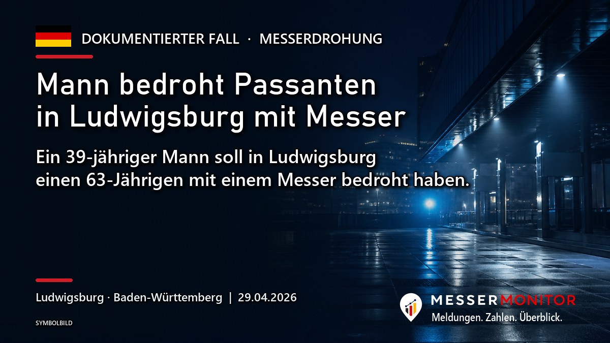 Titelgrafik: Mann bedroht Passanten in Ludwigsburg mit Messer. Ein 39-jähriger Mann soll in Ludwigsburg einen 63-Jährigen mit einem Messer bedroht haben..