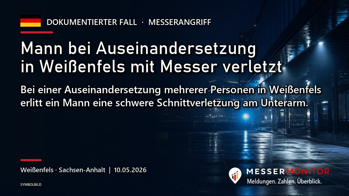 Titelgrafik: Mann bei Auseinandersetzung in Weißenfels mit Messer verletzt. Bei einer Auseinandersetzung mehrerer Personen in Weißenfels erlitt ein Mann eine schwere Schnittverletzung am Unterarm..