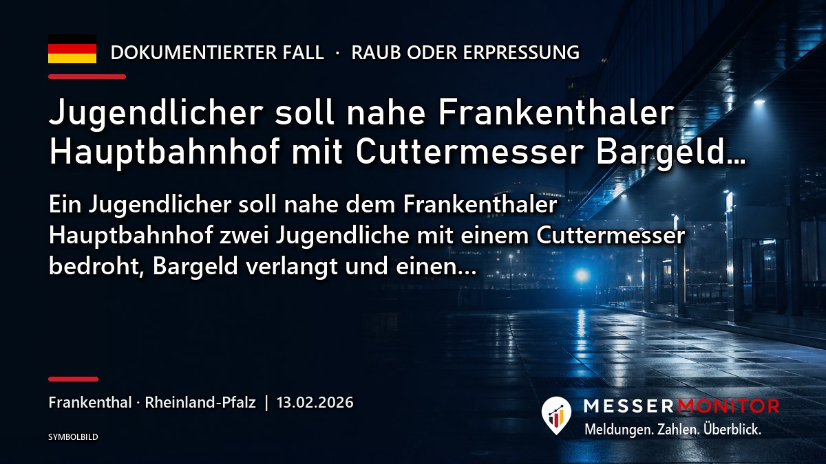 Titelgrafik: Jugendlicher soll nahe Frankenthaler Hauptbahnhof mit Cuttermesser Bargeld…. Ein Jugendlicher soll nahe dem Frankenthaler Hauptbahnhof zwei Jugendliche mit einem Cuttermesser bedroht, Bargeld verlangt und einen….