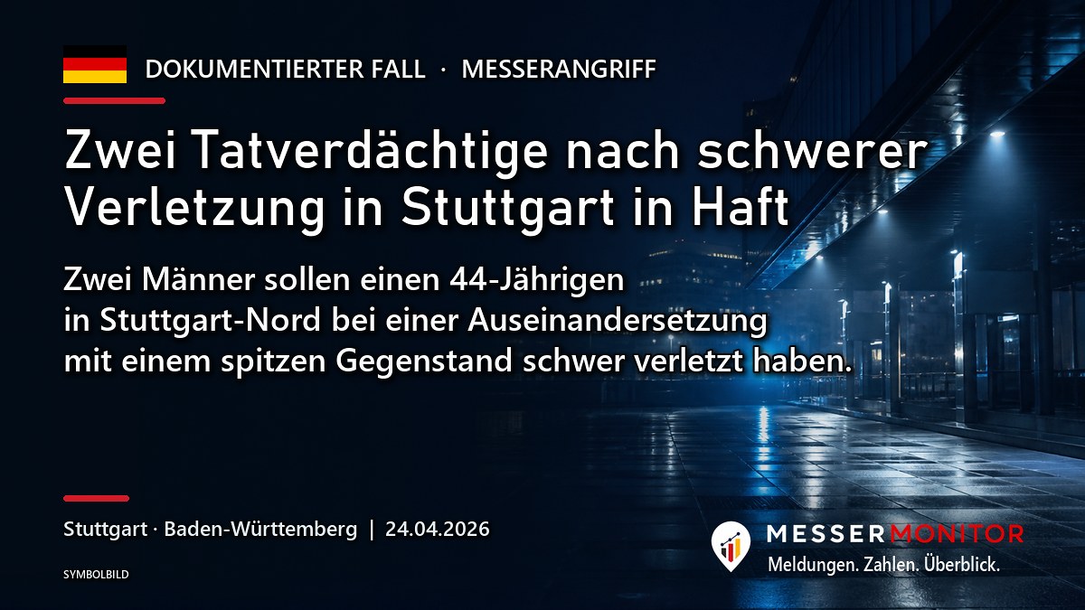 Titelgrafik: Zwei Tatverdächtige nach schwerer Verletzung in Stuttgart in Haft. Zwei Männer sollen einen 44-Jährigen in Stuttgart-Nord bei einer Auseinandersetzung mit einem spitzen Gegenstand schwer verletzt haben..