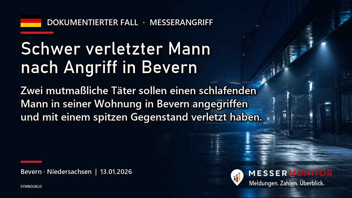 Titelgrafik: Schwer verletzter Mann nach Angriff in Bevern. Zwei mutmaßliche Täter sollen einen schlafenden Mann in seiner Wohnung in Bevern angegriffen und mit einem spitzen Gegenstand verletzt haben..