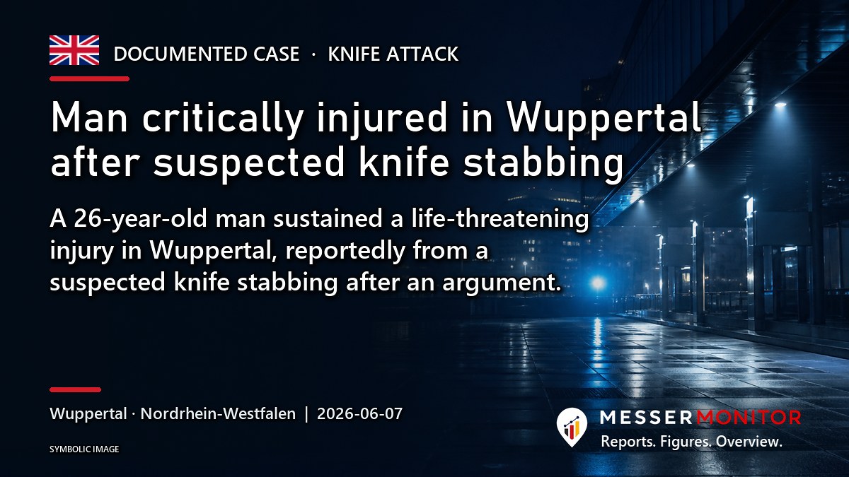 Title image: Man critically injured in Wuppertal after suspected knife stabbing. A 26-year-old man sustained a life-threatening injury in Wuppertal, reportedly from a suspected knife stabbing after an argument..