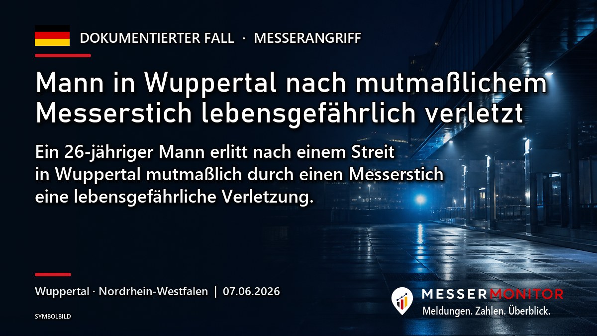 Titelgrafik: Mann in Wuppertal nach mutmaßlichem Messerstich lebensgefährlich verletzt. Ein 26-jähriger Mann erlitt nach einem Streit in Wuppertal mutmaßlich durch einen Messerstich eine lebensgefährliche Verletzung..