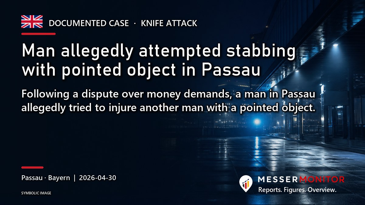 Title image: Man allegedly attempted stabbing with pointed object in Passau. Following a dispute over money demands, a man in Passau allegedly tried to injure another man with a pointed object..