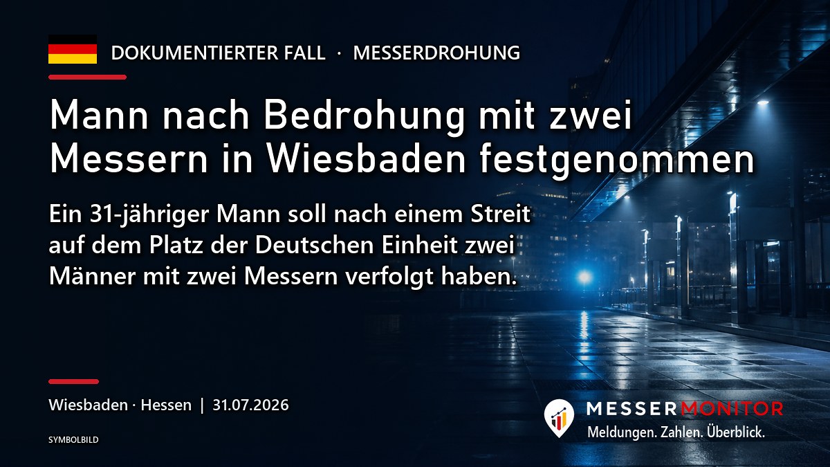 Titelgrafik: Mann nach Bedrohung mit zwei Messern in Wiesbaden festgenommen. Ein 31-jähriger Mann soll nach einem Streit auf dem Platz der Deutschen Einheit zwei Männer mit zwei Messern verfolgt haben..