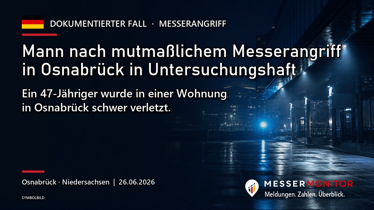Titelgrafik: Mann nach mutmaßlichem Messerangriff in Osnabrück in Untersuchungshaft. Ein 47-Jähriger wurde in einer Wohnung in Osnabrück schwer verletzt..