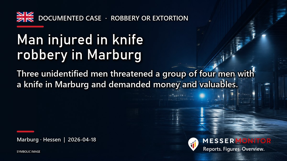 Title image: Man injured in knife robbery in Marburg. Three unidentified men threatened a group of four men with a knife in Marburg and demanded money and valuables..