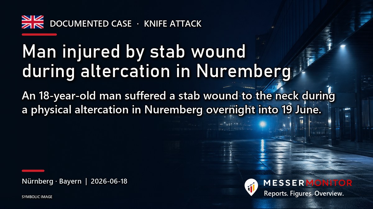 Title image: Man injured by stab wound during altercation in Nuremberg. An 18-year-old man suffered a stab wound to the neck during a physical altercation in Nuremberg overnight into 19 June..