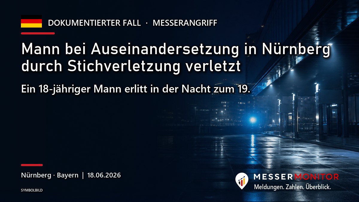 Titelgrafik: Mann bei Auseinandersetzung in Nürnberg durch Stichverletzung verletzt. Ein 18-jähriger Mann erlitt in der Nacht zum 19..