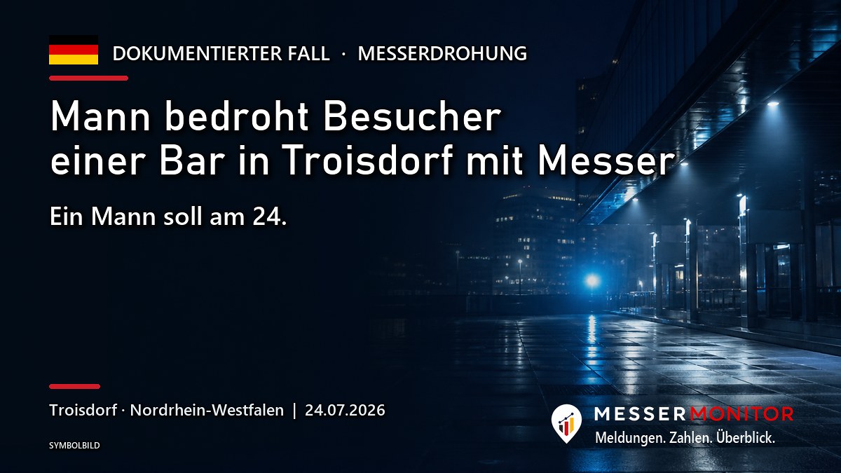 Titelgrafik: Mann bedroht Besucher einer Bar in Troisdorf mit Messer. Ein Mann soll am 24..