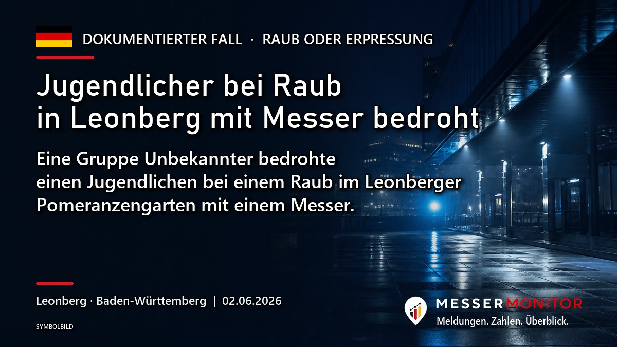Titelgrafik: Jugendlicher bei Raub in Leonberg mit Messer bedroht. Eine Gruppe Unbekannter bedrohte einen Jugendlichen bei einem Raub im Leonberger Pomeranzengarten mit einem Messer..