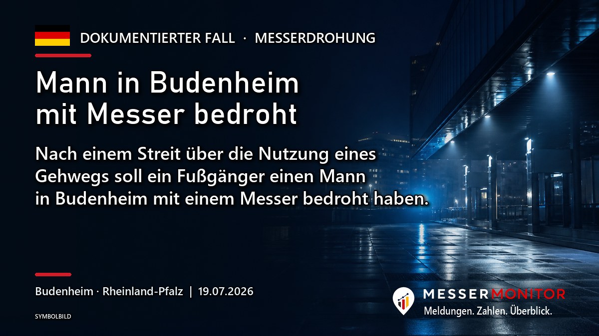 Titelgrafik: Mann in Budenheim mit Messer bedroht. Nach einem Streit über die Nutzung eines Gehwegs soll ein Fußgänger einen Mann in Budenheim mit einem Messer bedroht haben..