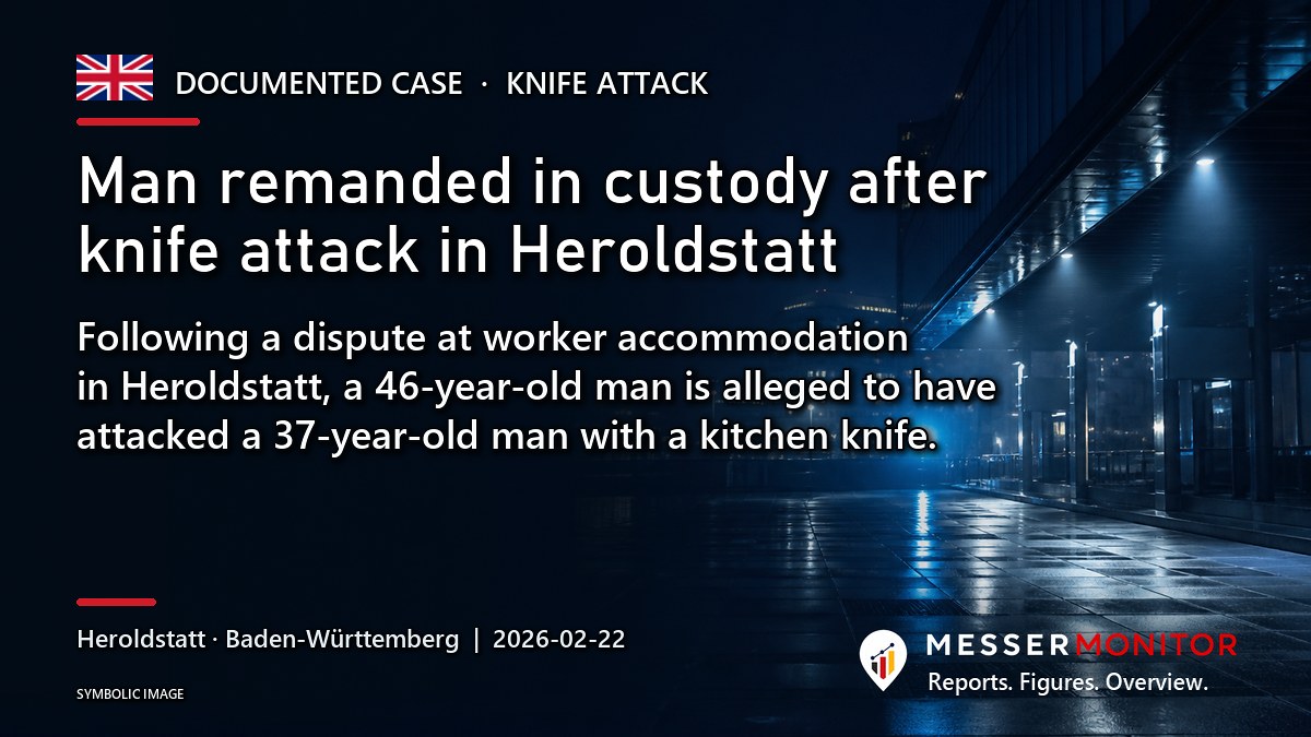 Title image: Man remanded in custody after knife attack in Heroldstatt. Following a dispute at worker accommodation in Heroldstatt, a 46-year-old man is alleged to have attacked a 37-year-old man with a kitchen knife..