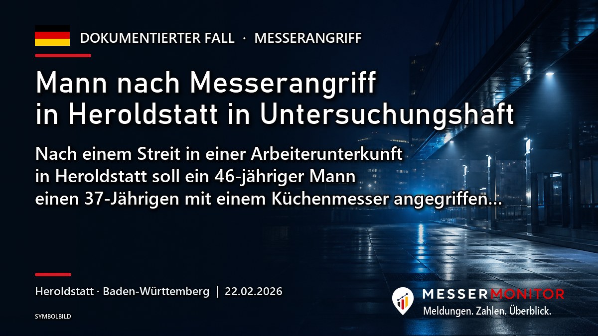 Titelgrafik: Mann nach Messerangriff in Heroldstatt in Untersuchungshaft. Nach einem Streit in einer Arbeiterunterkunft in Heroldstatt soll ein 46-jähriger Mann einen 37-Jährigen mit einem Küchenmesser angegriffen….