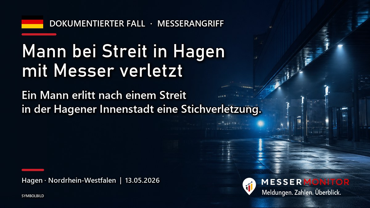 Titelgrafik: Mann bei Streit in Hagen mit Messer verletzt. Ein Mann erlitt nach einem Streit in der Hagener Innenstadt eine Stichverletzung..