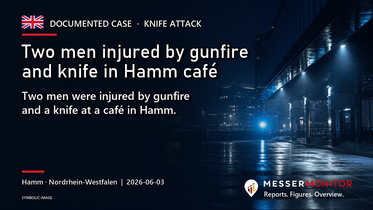Title image: Two men injured by gunfire and knife in Hamm café. Two men were injured by gunfire and a knife at a café in Hamm..
