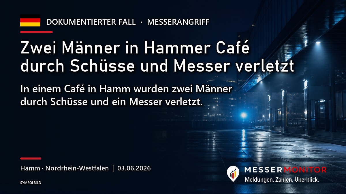 Titelgrafik: Zwei Männer in Hammer Café durch Schüsse und Messer verletzt. In einem Café in Hamm wurden zwei Männer durch Schüsse und ein Messer verletzt..