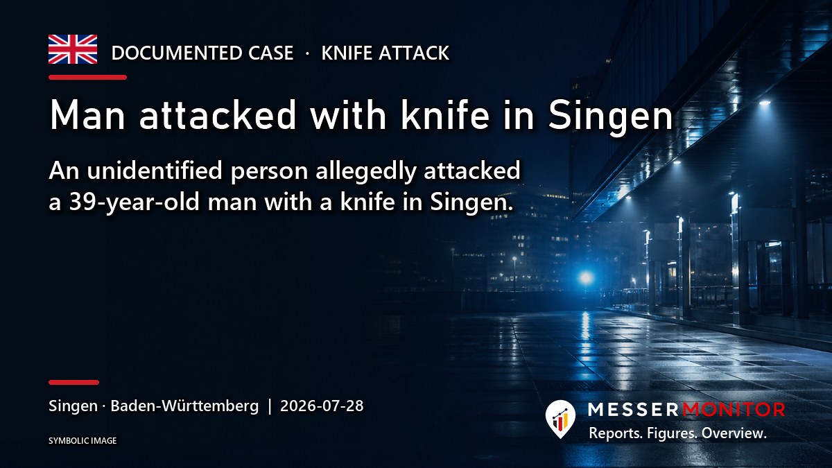 Title image: Man attacked with knife in Singen. An unidentified person allegedly attacked a 39-year-old man with a knife in Singen..