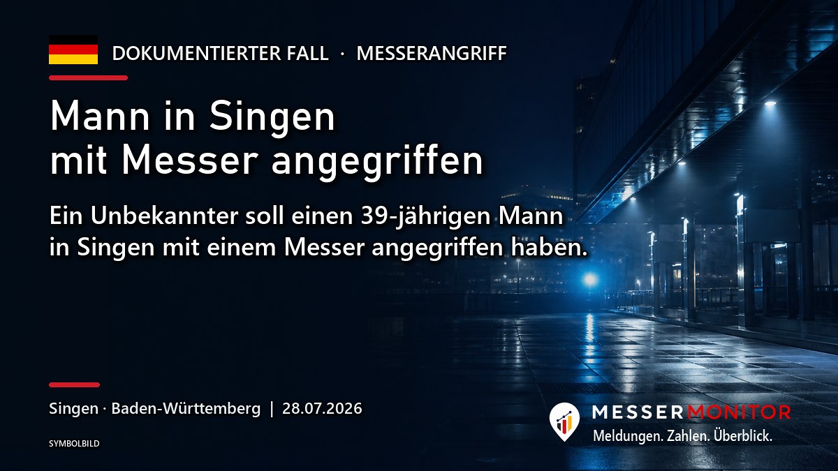 Titelgrafik: Mann in Singen mit Messer angegriffen. Ein Unbekannter soll einen 39-jährigen Mann in Singen mit einem Messer angegriffen haben..