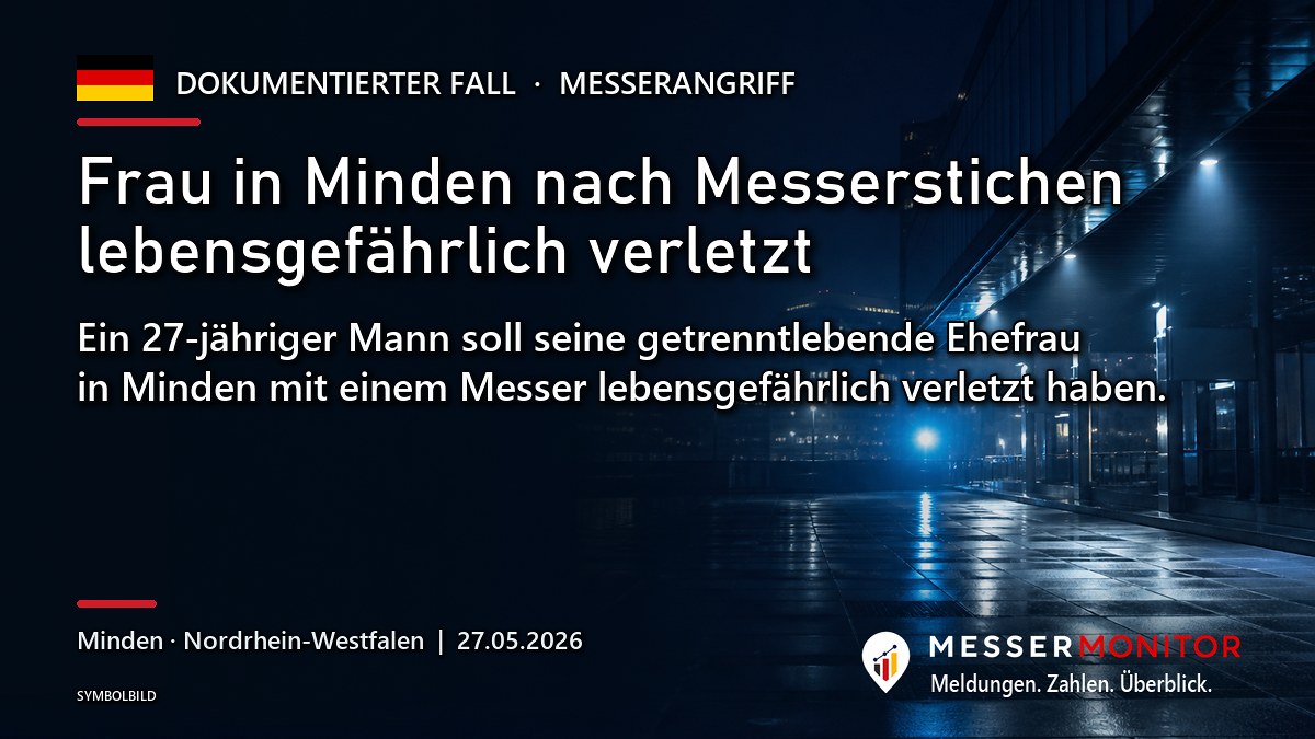 Titelgrafik: Frau in Minden nach Messerstichen lebensgefährlich verletzt. Ein 27-jähriger Mann soll seine getrenntlebende Ehefrau in Minden mit einem Messer lebensgefährlich verletzt haben..