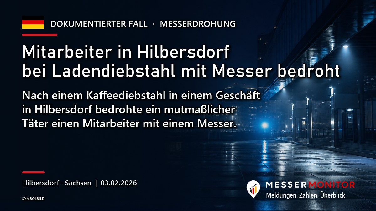 Titelgrafik: Mitarbeiter in Hilbersdorf bei Ladendiebstahl mit Messer bedroht. Nach einem Kaffeediebstahl in einem Geschäft in Hilbersdorf bedrohte ein mutmaßlicher Täter einen Mitarbeiter mit einem Messer..
