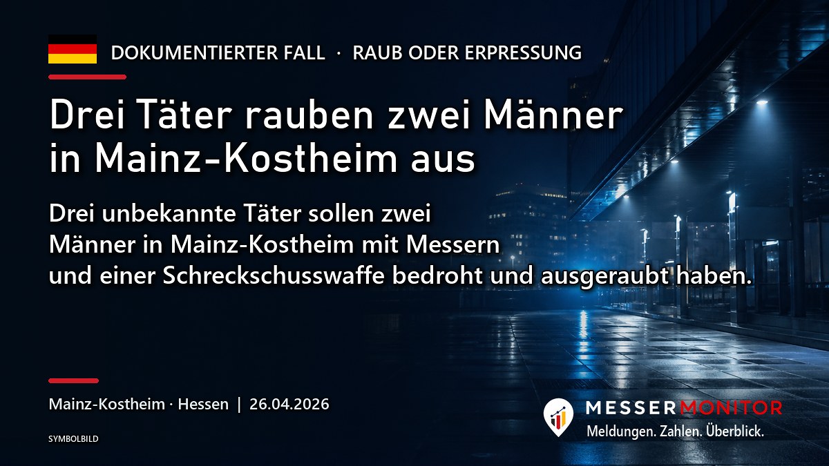 Titelgrafik: Drei Täter rauben zwei Männer in Mainz-Kostheim aus. Drei unbekannte Täter sollen zwei Männer in Mainz-Kostheim mit Messern und einer Schreckschusswaffe bedroht und ausgeraubt haben..