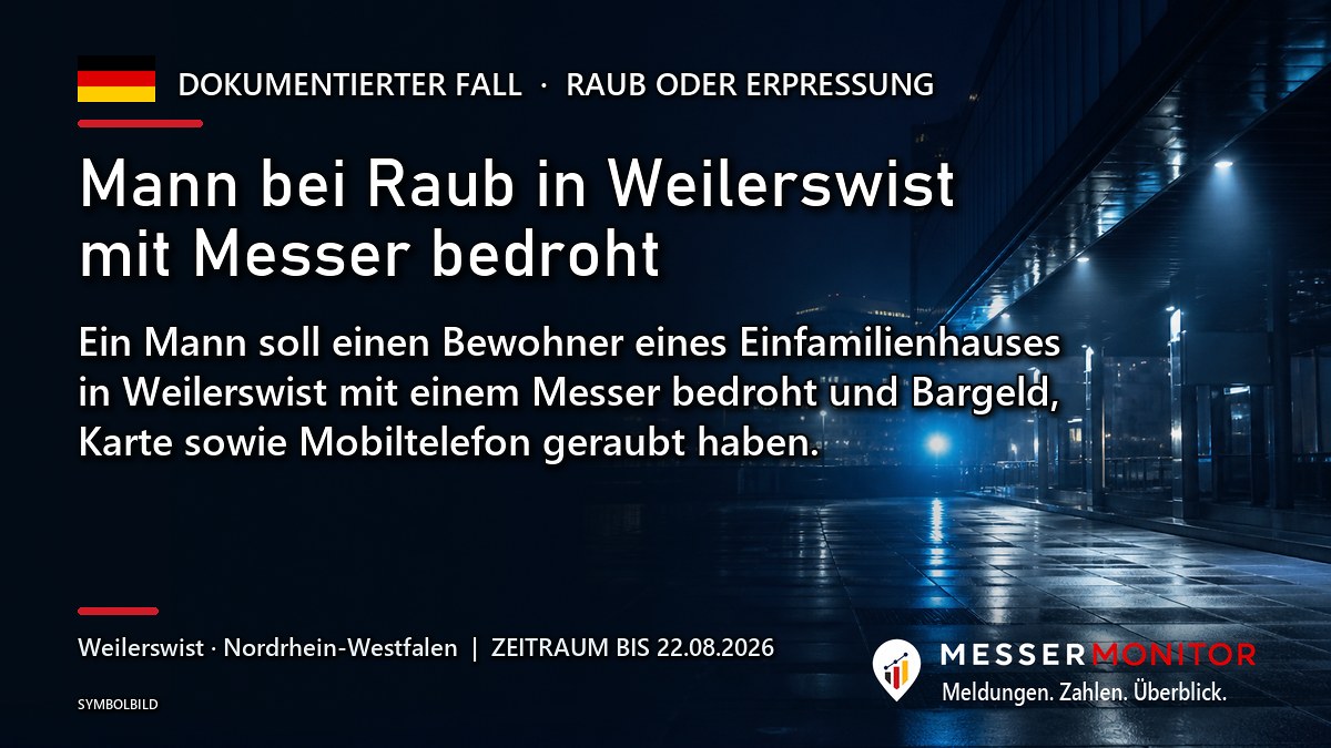 Titelgrafik: Mann bei Raub in Weilerswist mit Messer bedroht. Ein Mann soll einen Bewohner eines Einfamilienhauses in Weilerswist mit einem Messer bedroht und Bargeld, Karte sowie Mobiltelefon geraubt haben..