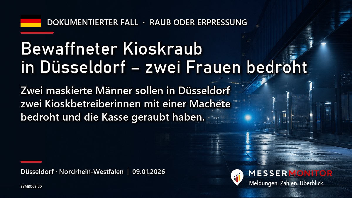 Titelgrafik: Bewaffneter Kioskraub in Düsseldorf – zwei Frauen bedroht. Zwei maskierte Männer sollen in Düsseldorf zwei Kioskbetreiberinnen mit einer Machete bedroht und die Kasse geraubt haben..