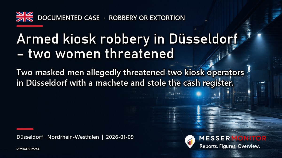 Title image: Armed kiosk robbery in Düsseldorf – two women threatened. Two masked men allegedly threatened two kiosk operators in Düsseldorf with a machete and stole the cash register..
