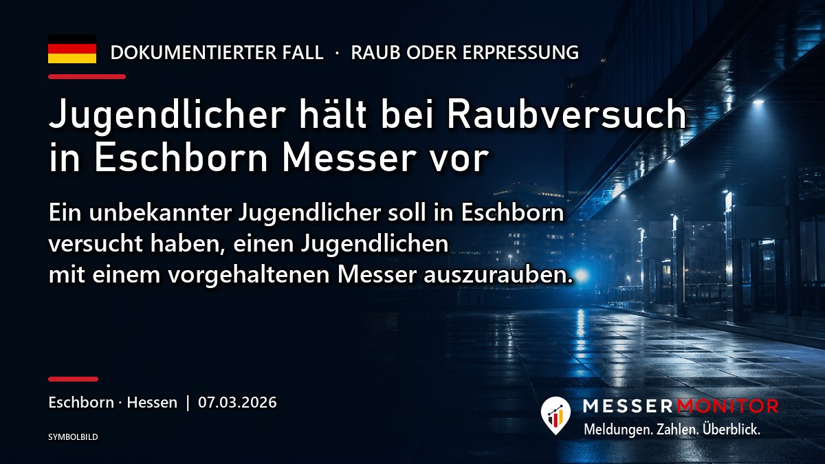Titelgrafik: Jugendlicher hält bei Raubversuch in Eschborn Messer vor. Ein unbekannter Jugendlicher soll in Eschborn versucht haben, einen Jugendlichen mit einem vorgehaltenen Messer auszurauben..