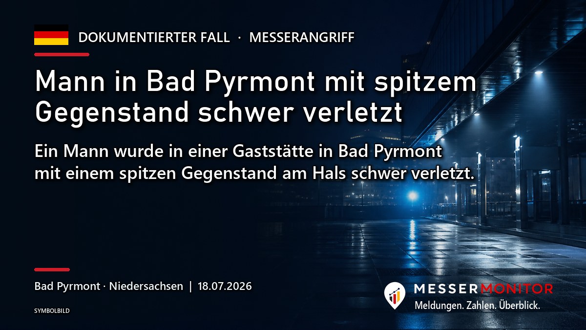 Titelgrafik: Mann in Bad Pyrmont mit spitzem Gegenstand schwer verletzt. Ein Mann wurde in einer Gaststätte in Bad Pyrmont mit einem spitzen Gegenstand am Hals schwer verletzt..