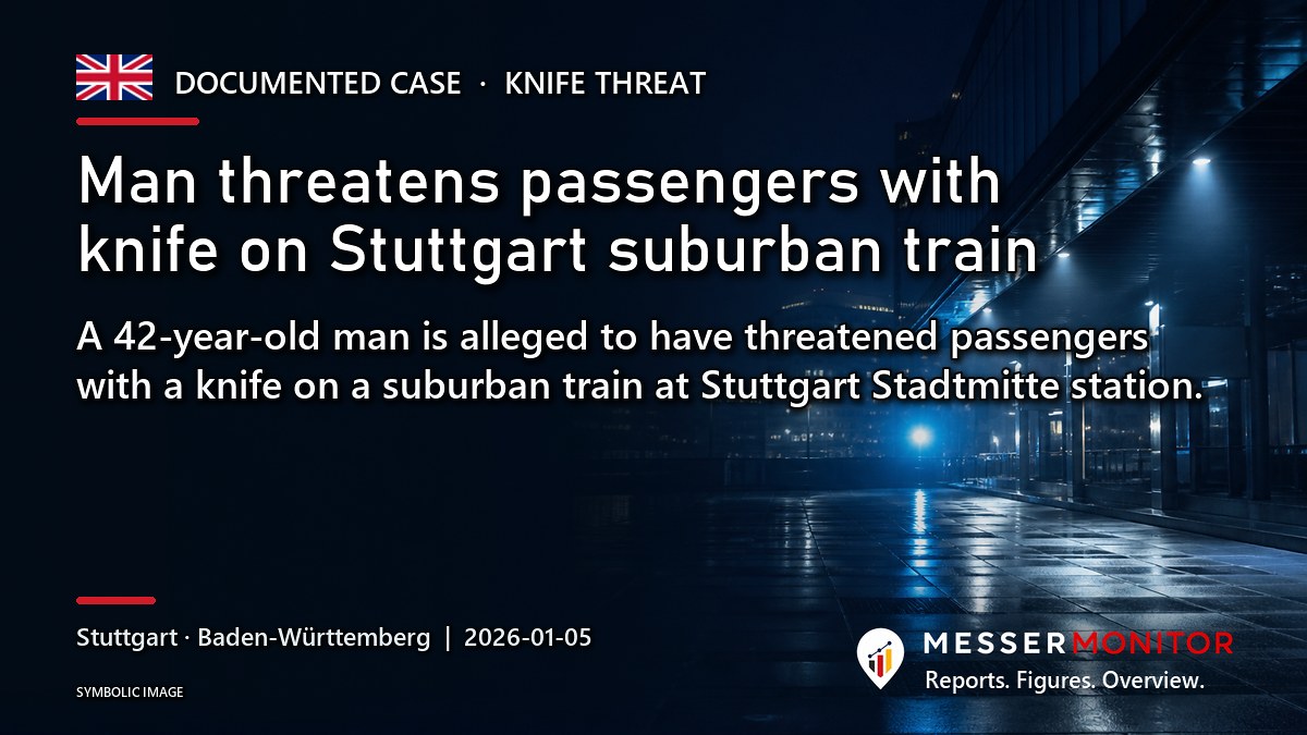Title image: Man threatens passengers with knife on Stuttgart suburban train. A 42-year-old man is alleged to have threatened passengers with a knife on a suburban train at Stuttgart Stadtmitte station..
