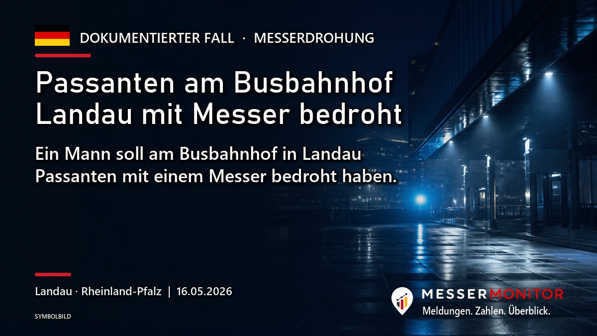Titelgrafik: Passanten am Busbahnhof Landau mit Messer bedroht. Ein Mann soll am Busbahnhof in Landau Passanten mit einem Messer bedroht haben..
