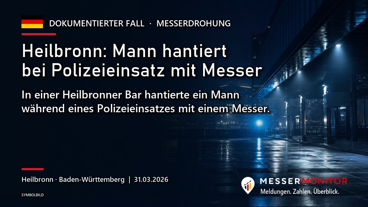 Titelgrafik: Heilbronn: Mann hantiert bei Polizeieinsatz mit Messer. In einer Heilbronner Bar hantierte ein Mann während eines Polizeieinsatzes mit einem Messer..
