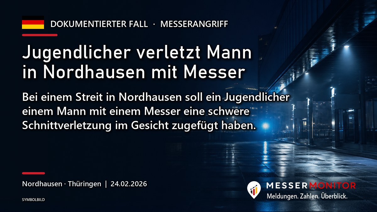 Titelgrafik: Jugendlicher verletzt Mann in Nordhausen mit Messer. Bei einem Streit in Nordhausen soll ein Jugendlicher einem Mann mit einem Messer eine schwere Schnittverletzung im Gesicht zugefügt haben..