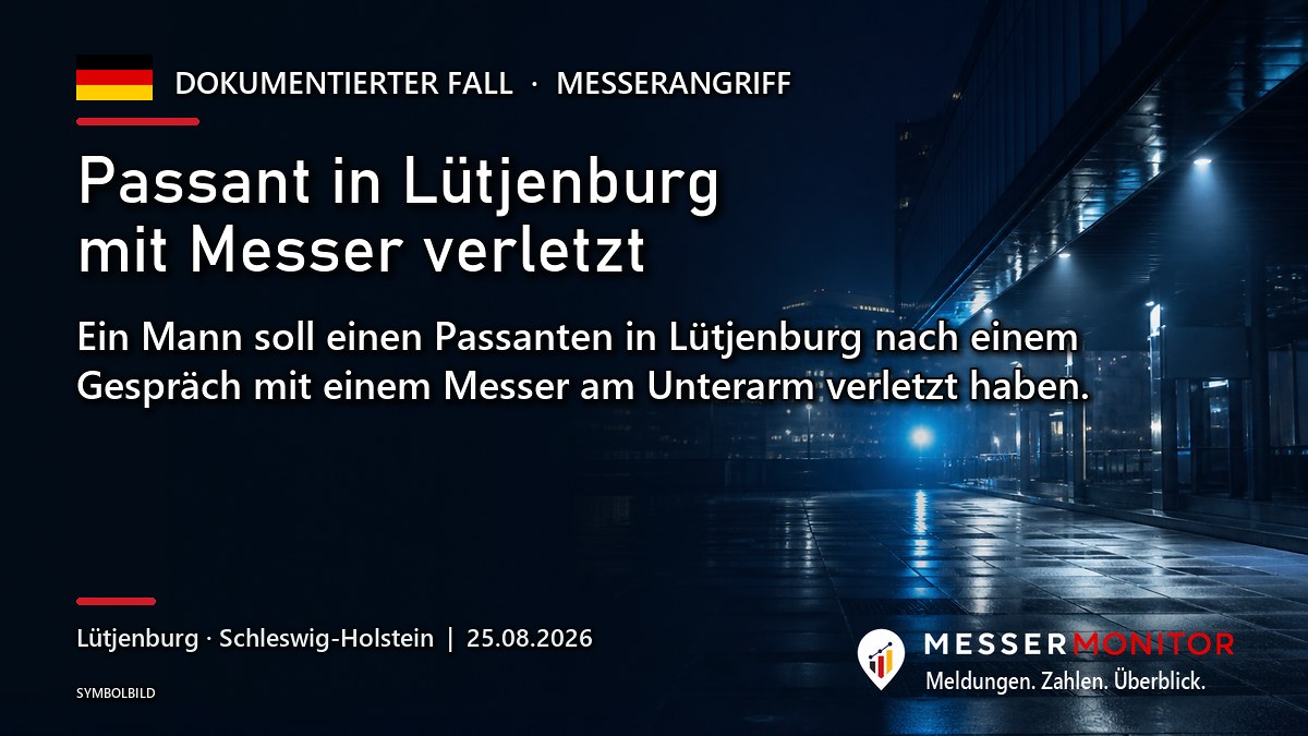 Titelgrafik: Passant in Lütjenburg mit Messer verletzt. Ein Mann soll einen Passanten in Lütjenburg nach einem Gespräch mit einem Messer am Unterarm verletzt haben..