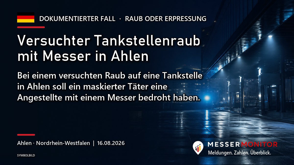 Titelgrafik: Versuchter Tankstellenraub mit Messer in Ahlen. Bei einem versuchten Raub auf eine Tankstelle in Ahlen soll ein maskierter Täter eine Angestellte mit einem Messer bedroht haben..
