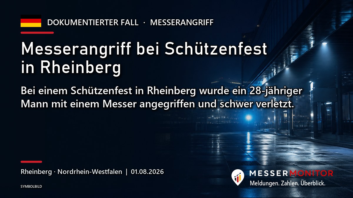 Titelgrafik: Messerangriff bei Schützenfest in Rheinberg. Bei einem Schützenfest in Rheinberg wurde ein 28-jähriger Mann mit einem Messer angegriffen und schwer verletzt..