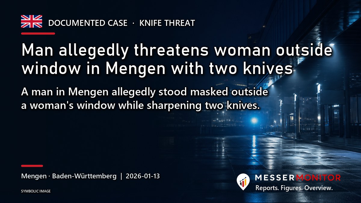 Title image: Man allegedly threatens woman outside window in Mengen with two knives. A man in Mengen allegedly stood masked outside a woman's window while sharpening two knives..