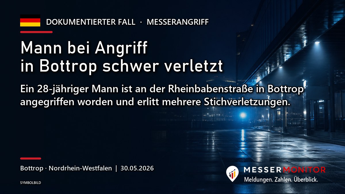 Titelgrafik: Mann bei Angriff in Bottrop schwer verletzt. Ein 28-jähriger Mann ist an der Rheinbabenstraße in Bottrop angegriffen worden und erlitt mehrere Stichverletzungen..