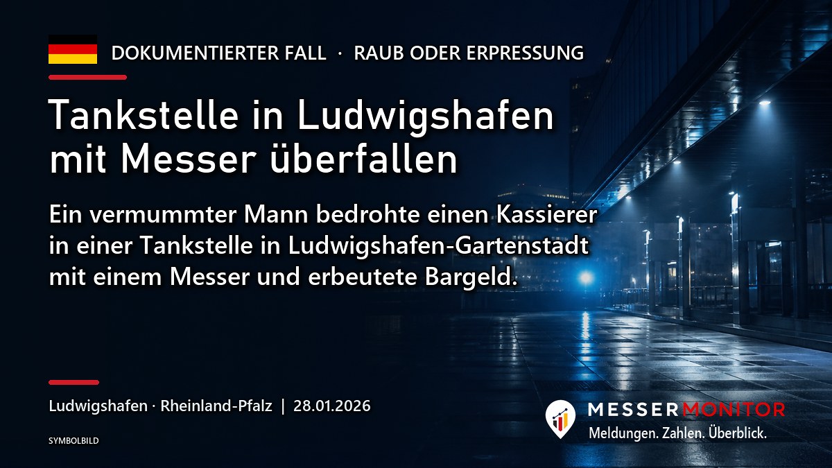 Titelgrafik: Tankstelle in Ludwigshafen mit Messer überfallen. Ein vermummter Mann bedrohte einen Kassierer in einer Tankstelle in Ludwigshafen-Gartenstadt mit einem Messer und erbeutete Bargeld..