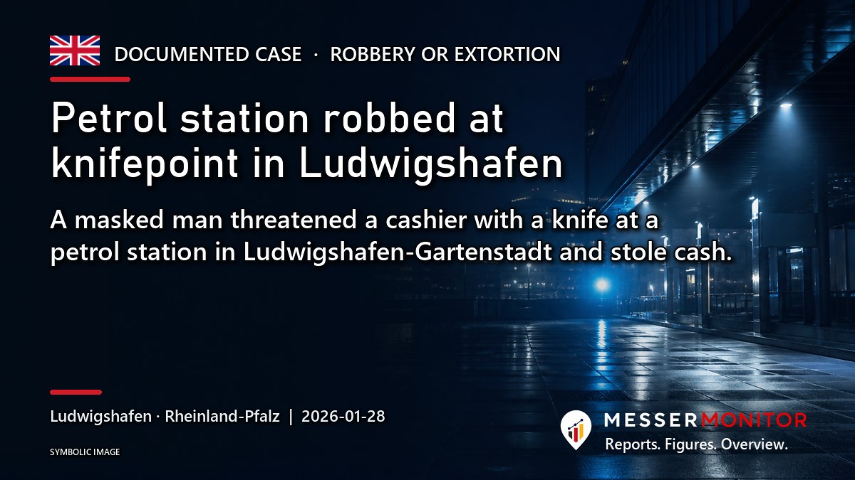 Title image: Petrol station robbed at knifepoint in Ludwigshafen. A masked man threatened a cashier with a knife at a petrol station in Ludwigshafen-Gartenstadt and stole cash..