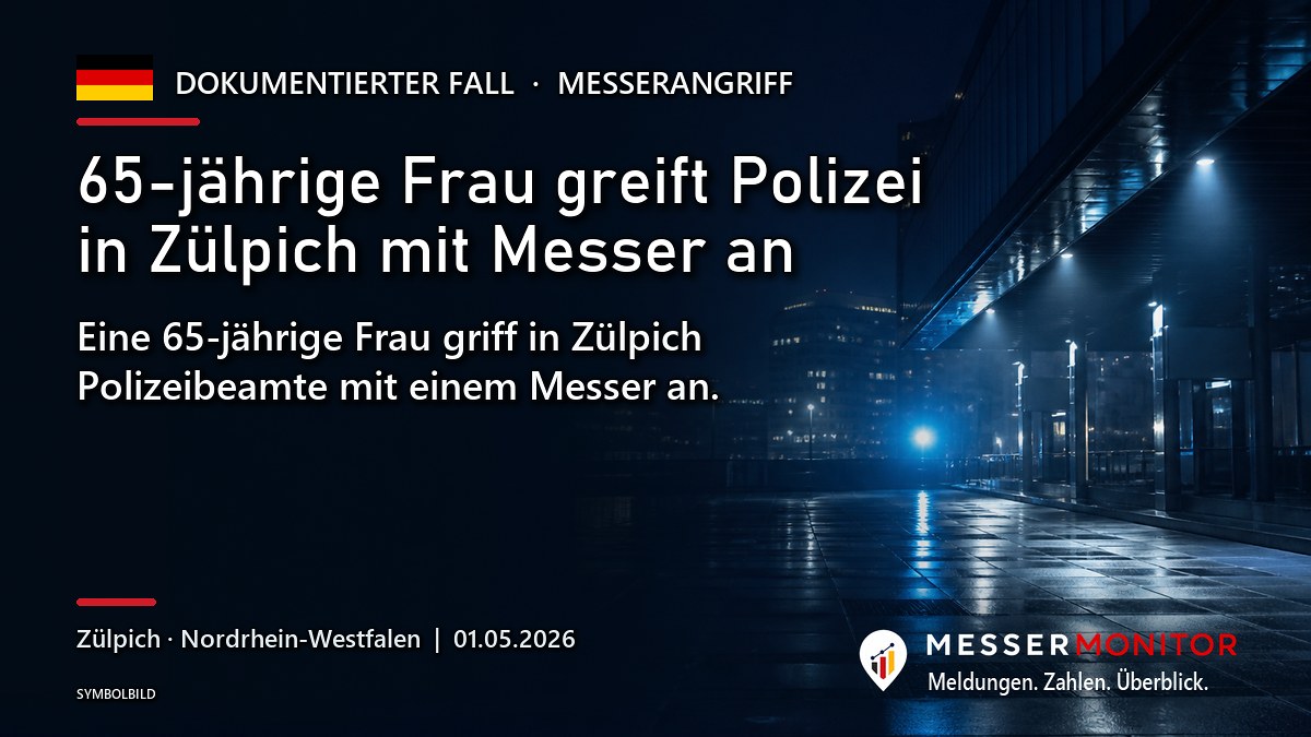 Titelgrafik: 65-jährige Frau greift Polizei in Zülpich mit Messer an. Eine 65-jährige Frau griff in Zülpich Polizeibeamte mit einem Messer an..
