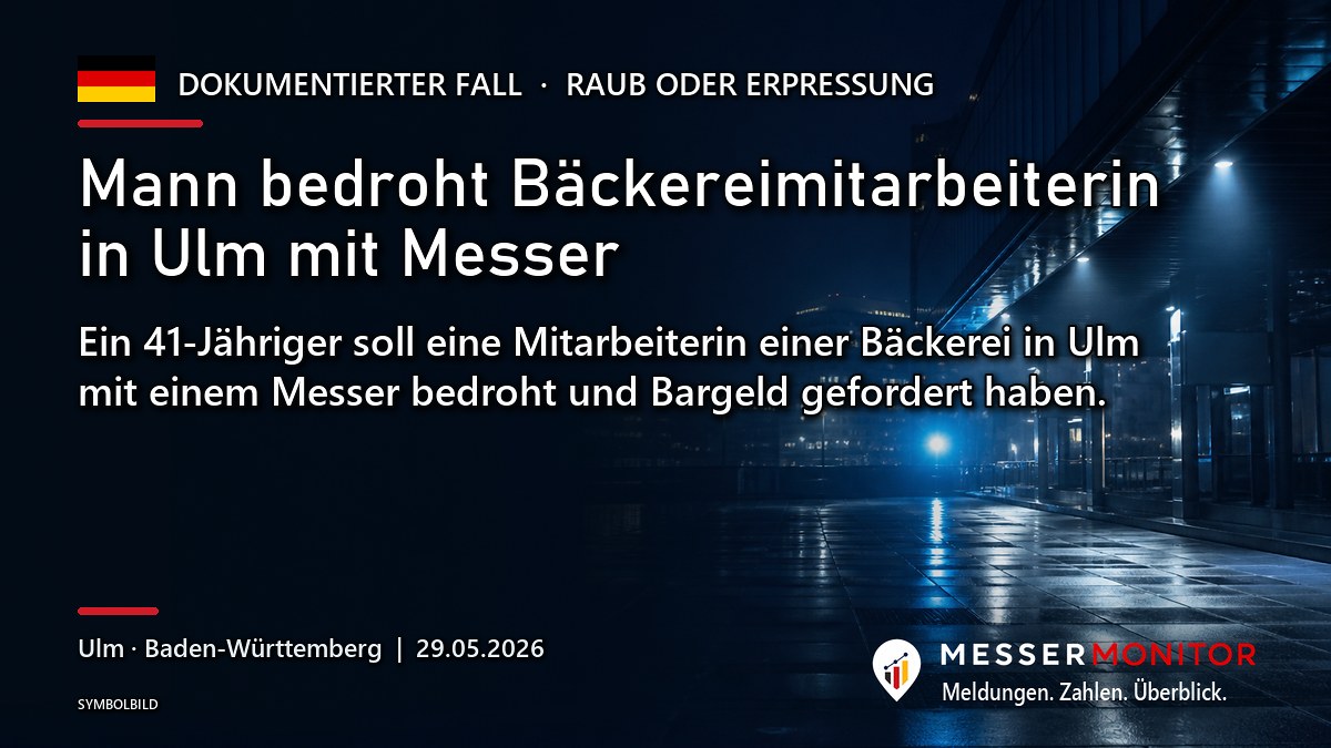 Titelgrafik: Mann bedroht Bäckereimitarbeiterin in Ulm mit Messer. Ein 41-Jähriger soll eine Mitarbeiterin einer Bäckerei in Ulm mit einem Messer bedroht und Bargeld gefordert haben..
