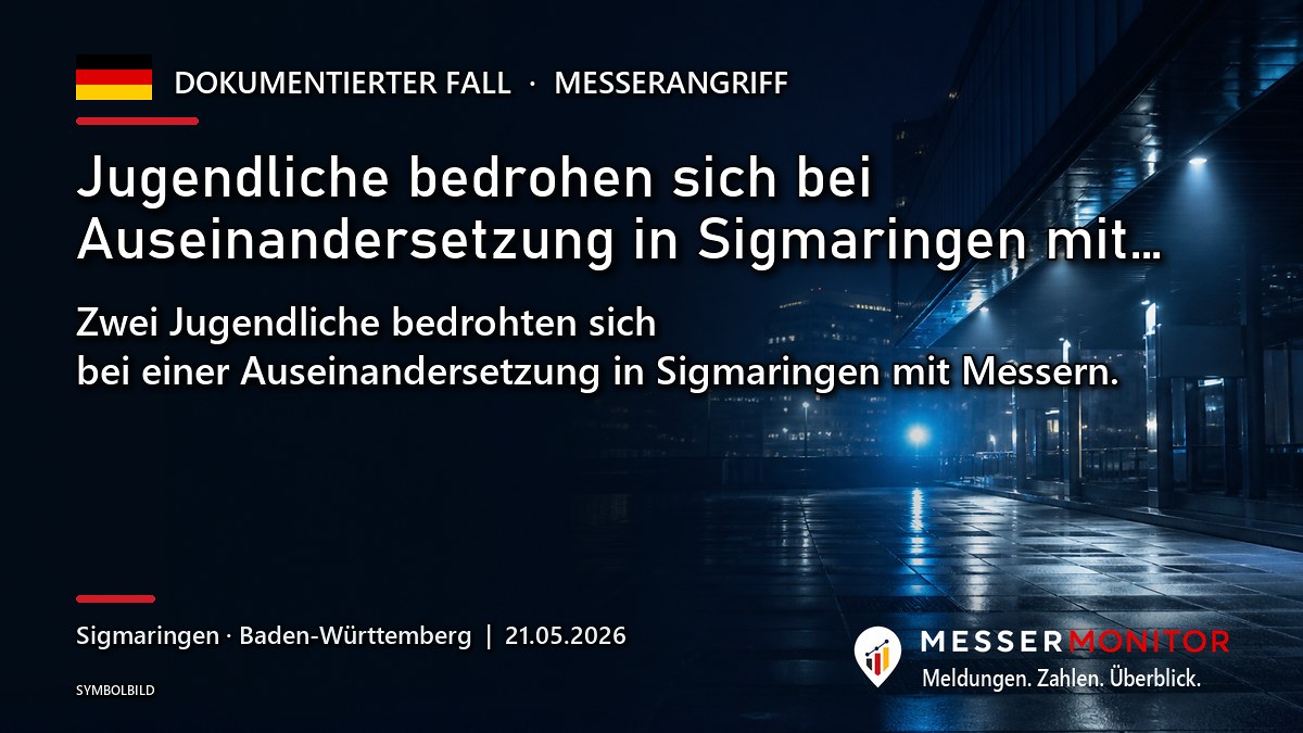 Titelgrafik: Jugendliche bedrohen sich bei Auseinandersetzung in Sigmaringen mit…. Zwei Jugendliche bedrohten sich bei einer Auseinandersetzung in Sigmaringen mit Messern..