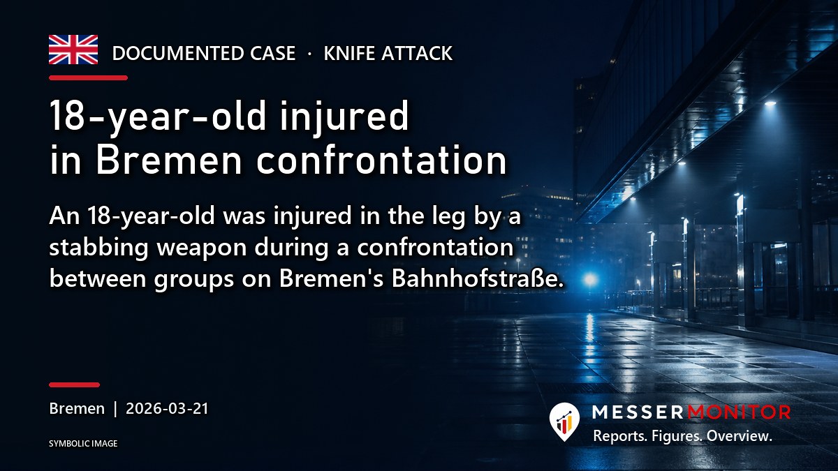 Title image: 18-year-old injured in Bremen confrontation. An 18-year-old was injured in the leg by a stabbing weapon during a confrontation between groups on Bremen's Bahnhofstraße..