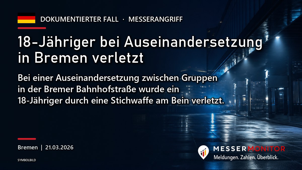 Titelgrafik: 18-Jähriger bei Auseinandersetzung in Bremen verletzt. Bei einer Auseinandersetzung zwischen Gruppen in der Bremer Bahnhofstraße wurde ein 18-Jähriger durch eine Stichwaffe am Bein verletzt..