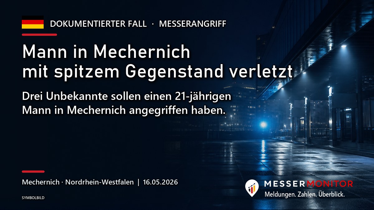 Titelgrafik: Mann in Mechernich mit spitzem Gegenstand verletzt. Drei Unbekannte sollen einen 21-jährigen Mann in Mechernich angegriffen haben..