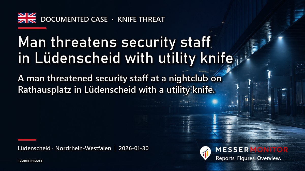 Title image: Man threatens security staff in Lüdenscheid with utility knife. A man threatened security staff at a nightclub on Rathausplatz in Lüdenscheid with a utility knife..