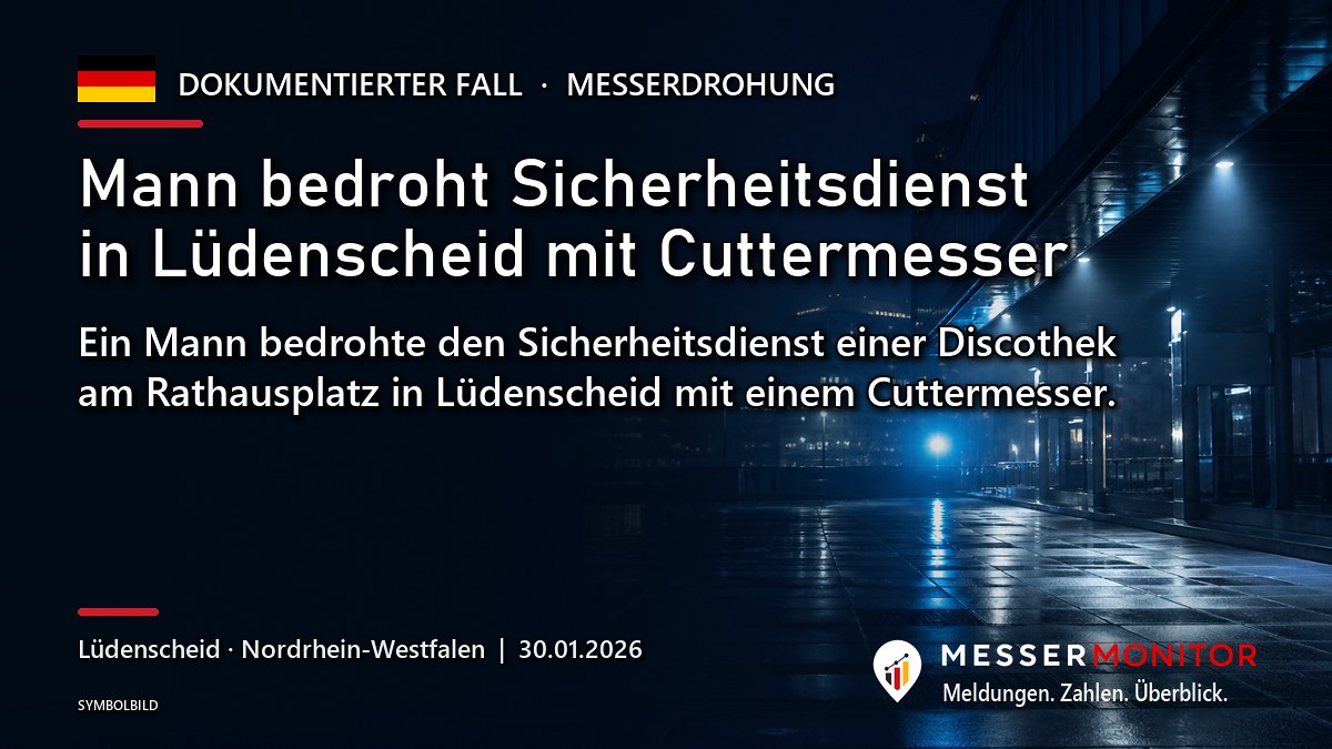 Titelgrafik: Mann bedroht Sicherheitsdienst in Lüdenscheid mit Cuttermesser. Ein Mann bedrohte den Sicherheitsdienst einer Discothek am Rathausplatz in Lüdenscheid mit einem Cuttermesser..